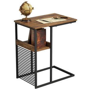 Прыстаўны столік для канапы, прыстаўны столік з драўлянай паліцай, канапавы столік у форме С для гасцінай, спальні, тумбачка з металічным каркасам