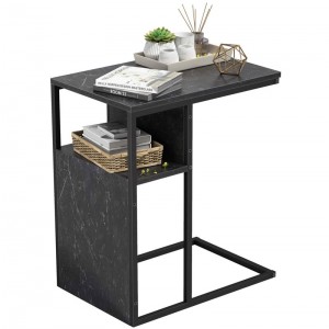 Реверсивний столик у формі C з дерев’яною полицею, столик для закусок для вітальні, столик для дивана та ліжка, металева тумбочка з мармуром
