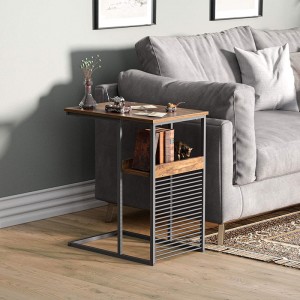 Sofa Side End Table, Side Table with Wooden Shelf, C Shaped Couch Table for Living Room, Bedroom, Metal Frame Nightstand