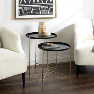 Moderne nêstkanttafel, set fan 2, swart en goud, ferfine Glam-eintafels foar opslach en werjefte