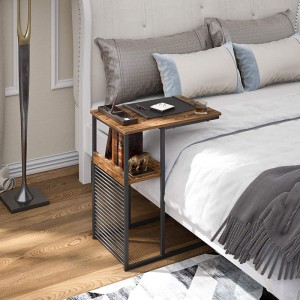 Sofa Side End Table, Side Table with Wooden Shelf, C Shaped Couch Table for Living Room, Bedroom, Metal Frame Nightstand