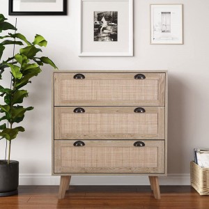 Storage Cabinet na may Rattan Drawers at Pine Wood Legs, 3 Drawer Storage Chest para sa Living Room Bedroom
