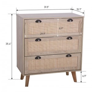 Storage Cabinet with Rattan Drawers and Pine Wood Legs, 3 Drawer Storage Chest for Living Room Bedroom