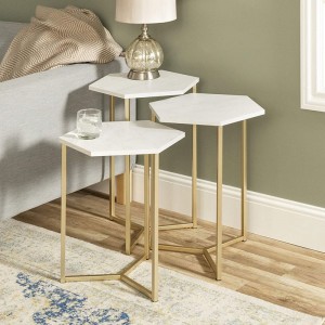 Modern Hexagon Nesting Side End Table Set Living Room Storage Small End Table, Set Of 3, Marble and Gold