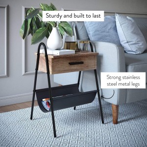 Wood Nightstand, Rustic Accent End or Side Table with Drawer, Durable Black Metal Frame & Leather Hammock