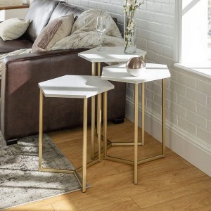 Moderní šestiúhelníková sada bočních koncových stolků s úložným prostorem v obývacím pokoji Malý koncový stolek, sada 3 kusů, mramor a zlato