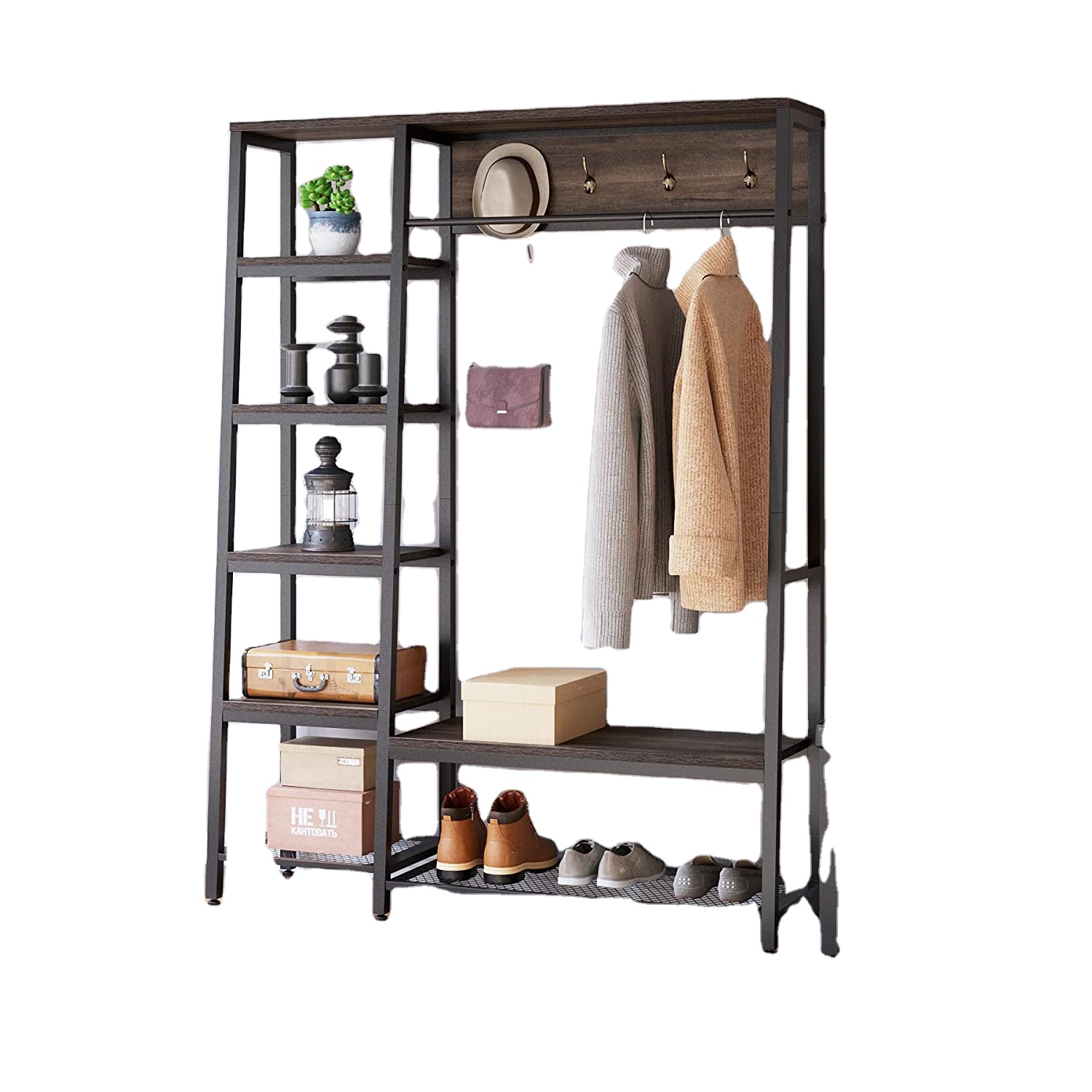 Metal Wood vintage casual Indoor Shoe Storage  with entryway coat rack And Suitable For Living Room