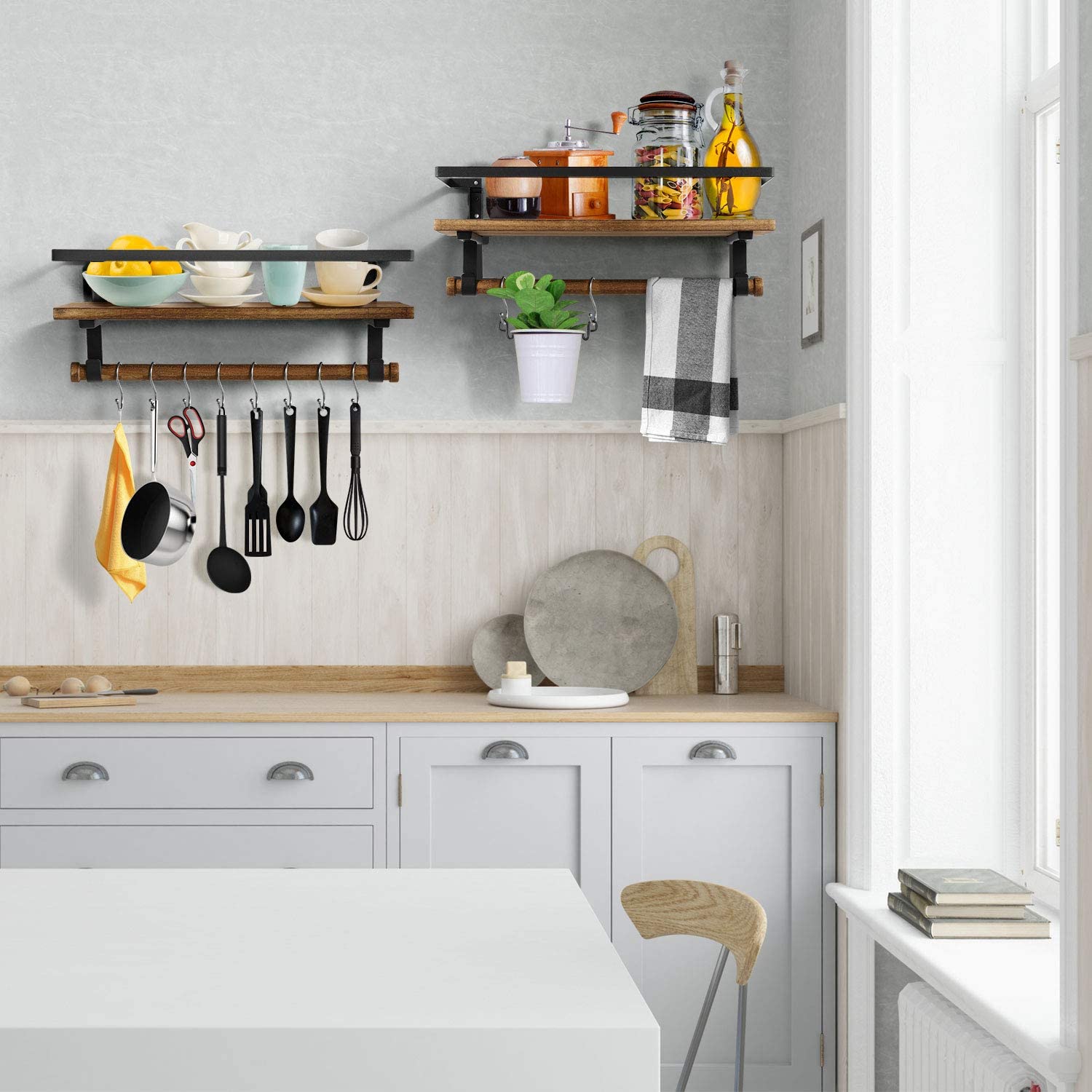 Rustykalna drewniana półka do łazienki dekoracja kuchenna półka do przechowywania z 8 zdejmowanymi haczykami i drewnianą półką na ręczniki