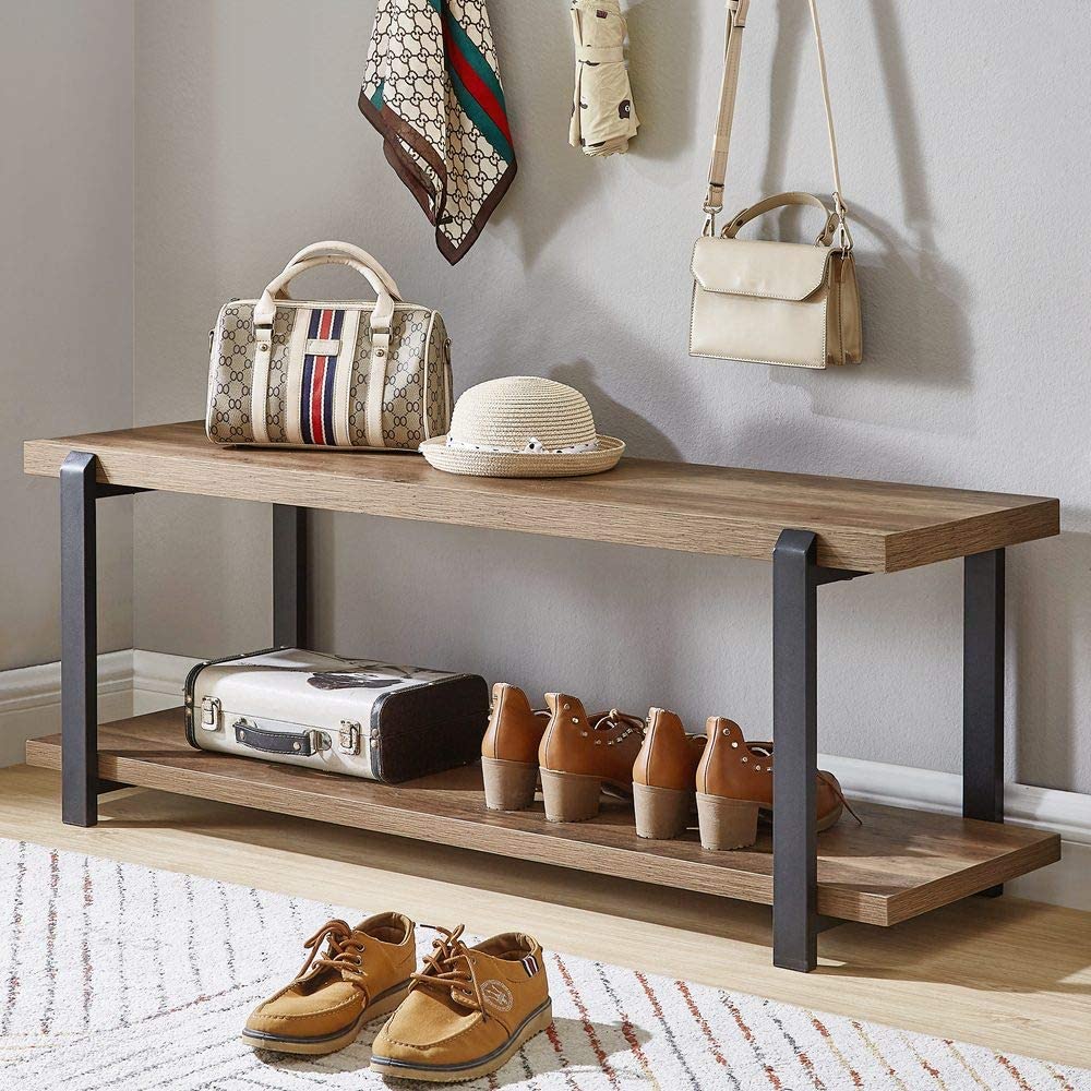Simple Metal Wood Entryway Bench Shoes Storage with  Two-layer Storage For Easy Assembly And Suitable For Living Room