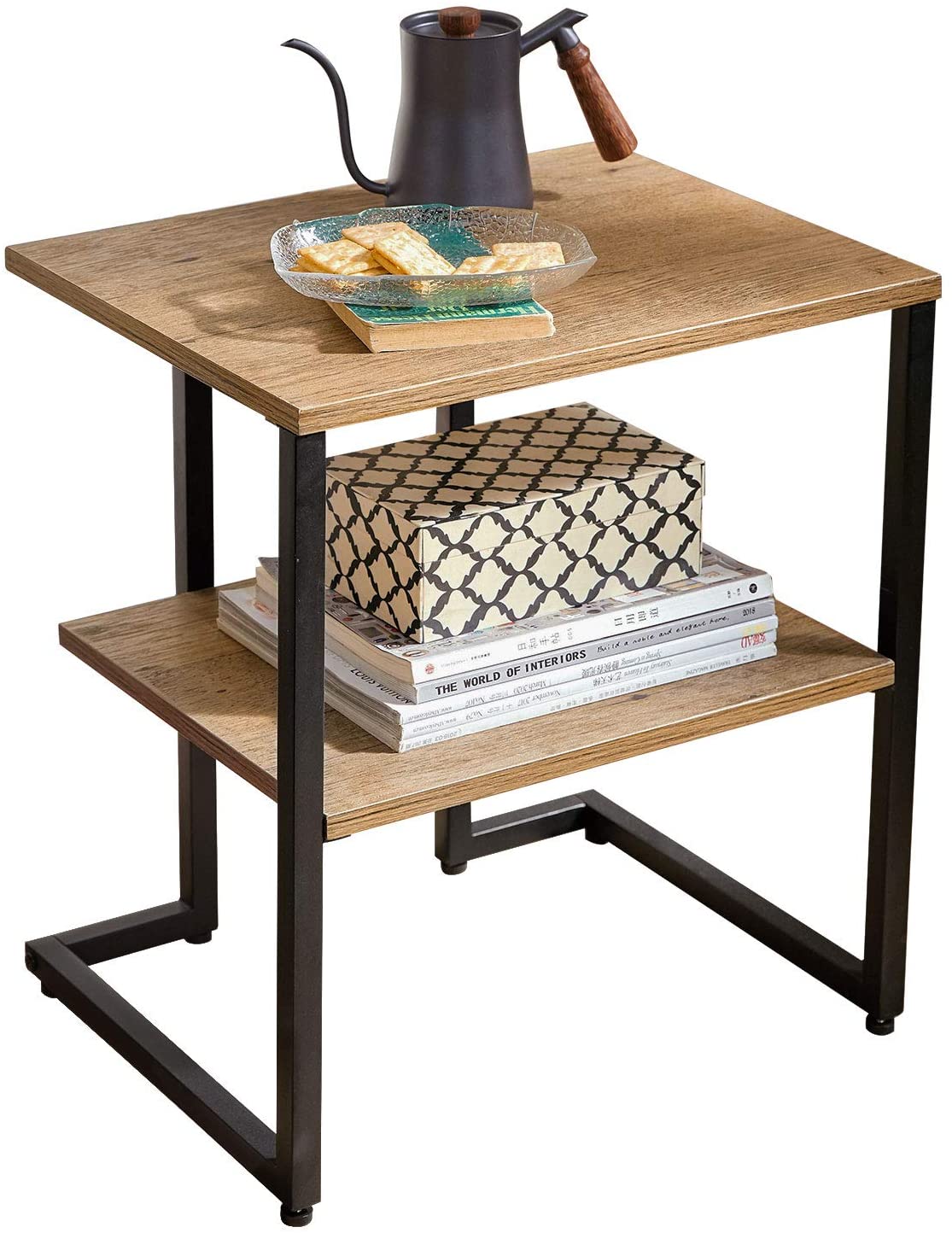 Rustic Side Table With Storage Shelf Wood Board And Metal Frame Industrial Small Corner End Table For Living Room Bedroom