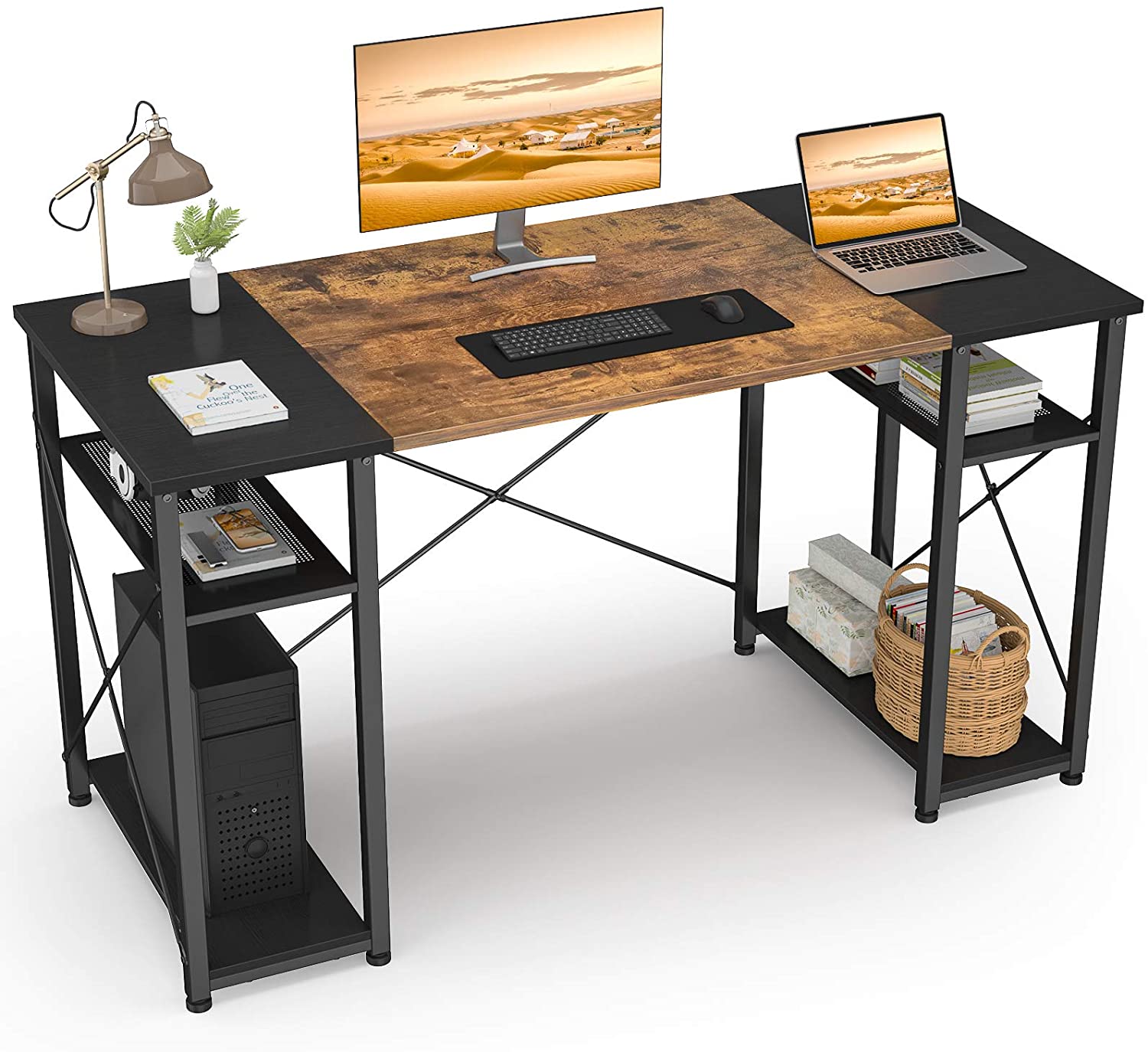Odolný psací stůl do domácí kanceláře se 4 úložnými policemi Robustní moderní jednoduchý stolek pro notebook a počítač
