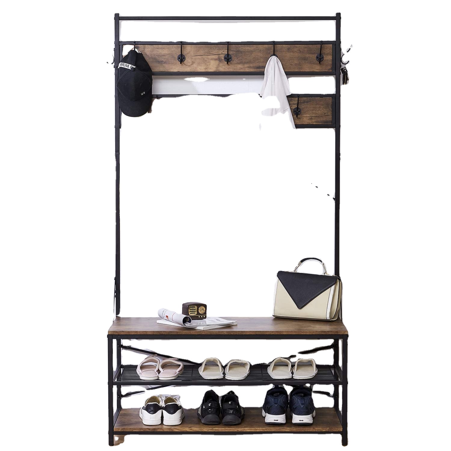 Kovový dřevěný vintage ležérní vnitřní věšák na kabáty s úložným prostorem pro boty a vhodný do obývacího pokoje