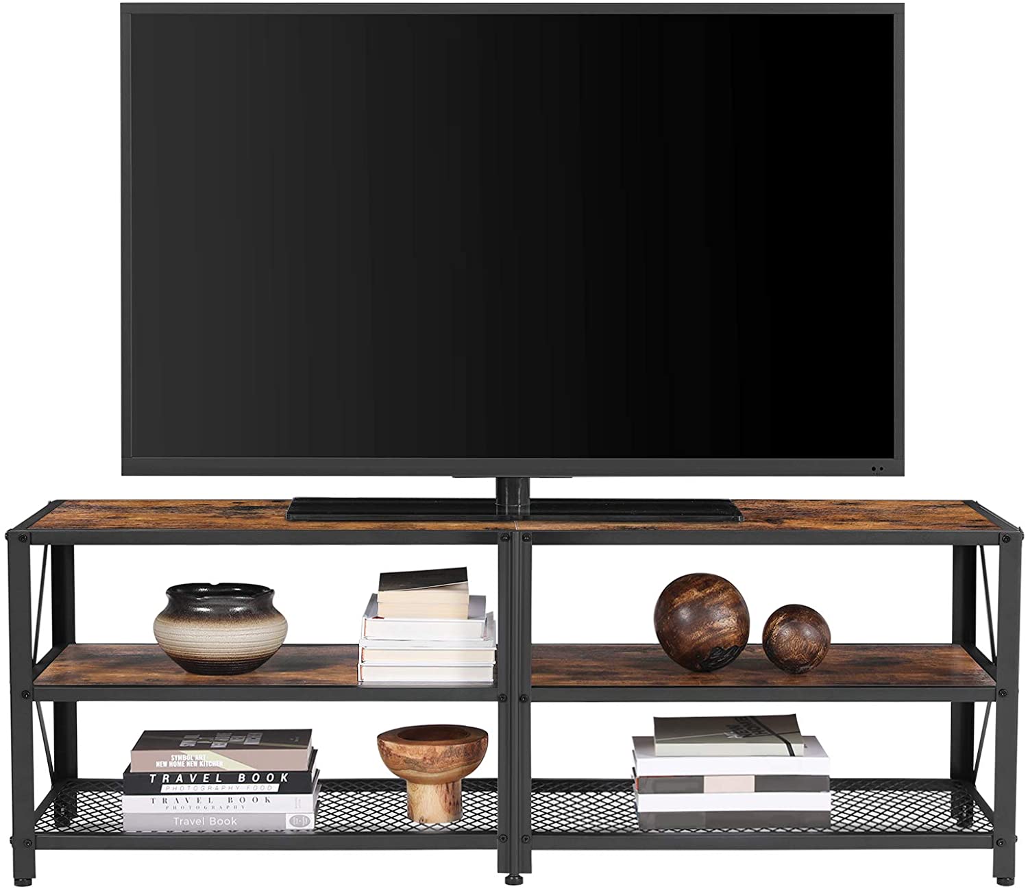 Mobile TV classico rustico con struttura in legno e metallo per TV fino a 65 pollici con spazio di archiviazione a tre strati per soggiorno