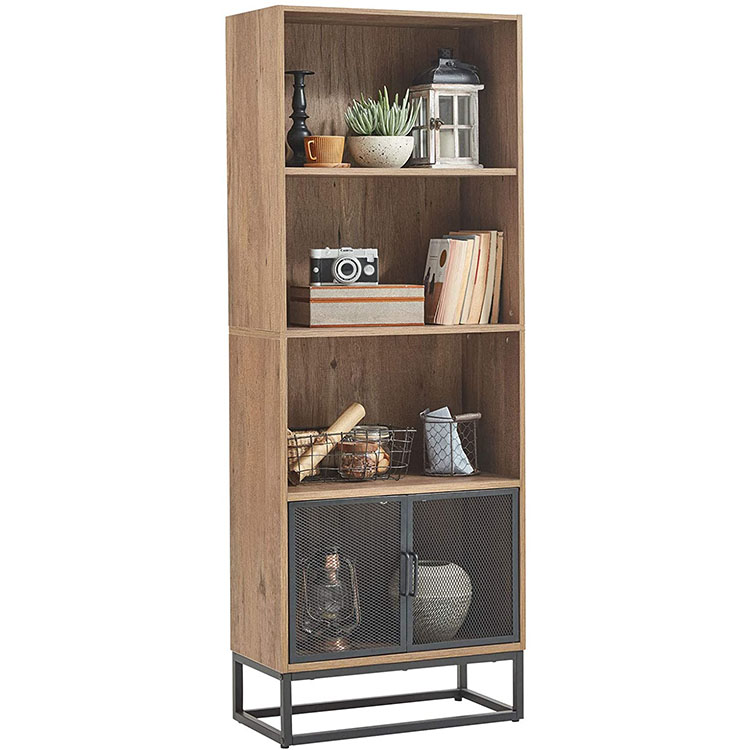 Home Wood Bookcase For Living Room Large Bookshelf For Office With Metal Mesh Doors