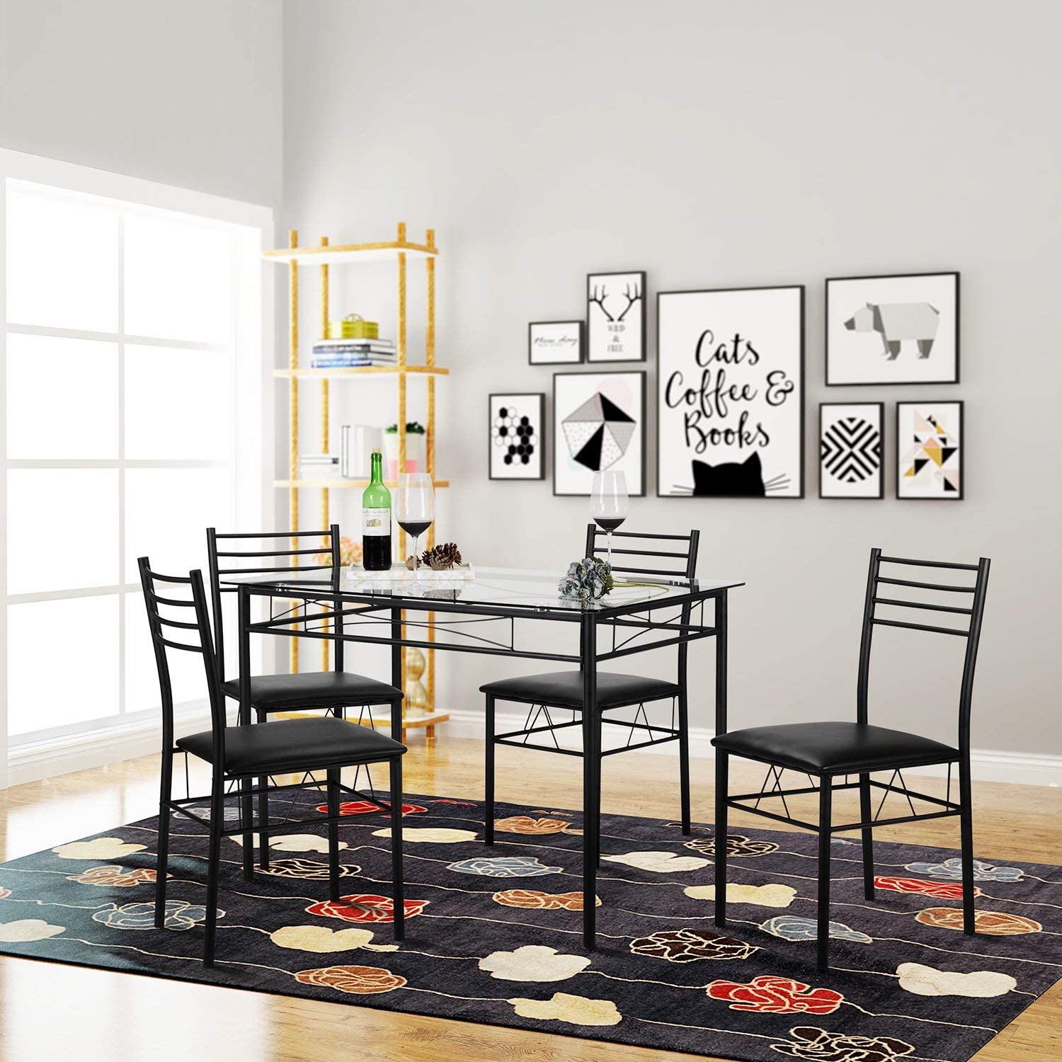 Cheap 5 Piece Dining Table With Chair Set Black Frame Cushion Pu Chair Seat Tempered Glass For Dining Room Home Furniture