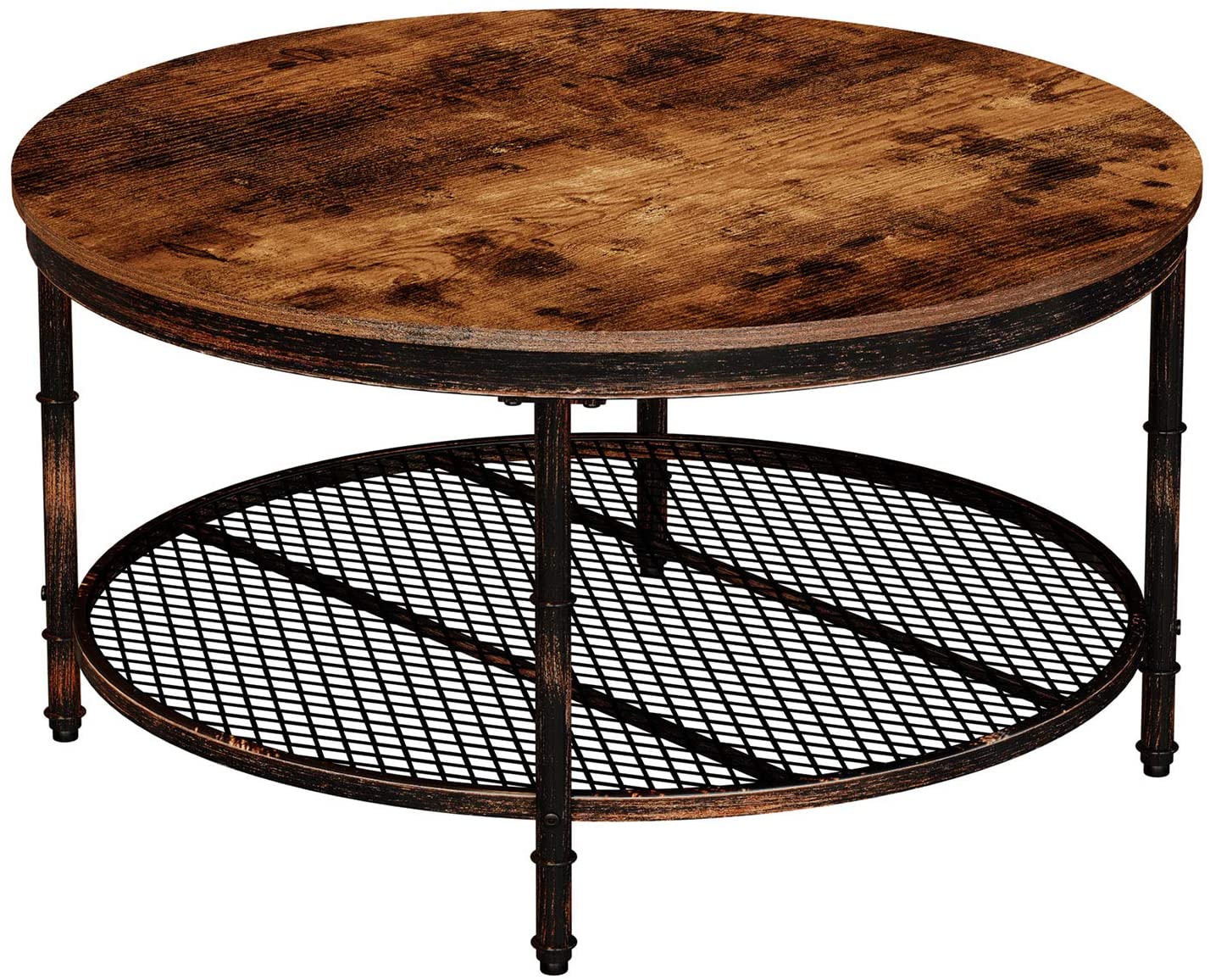 Rustic Style Vintage Design Stable Metal Frame Wood Round Coffee Table With Lower Metal Mesh Shelf Living Room Furniture