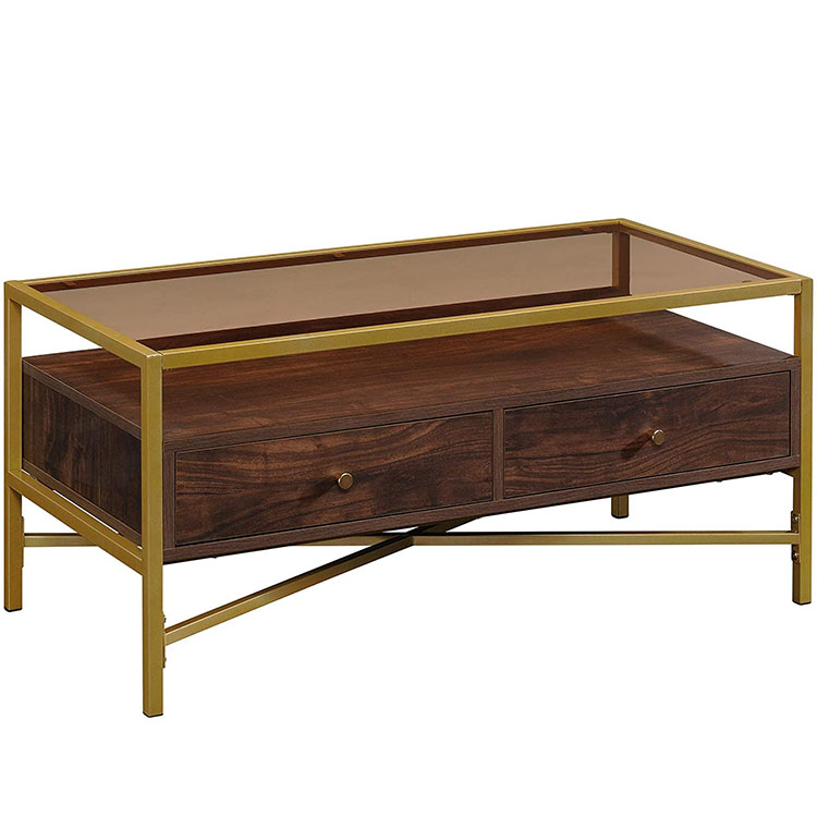 Home Decor Contemporary Golden Metal Frame Tinted Tempered Glass Top Coffee Table With Two Drawers