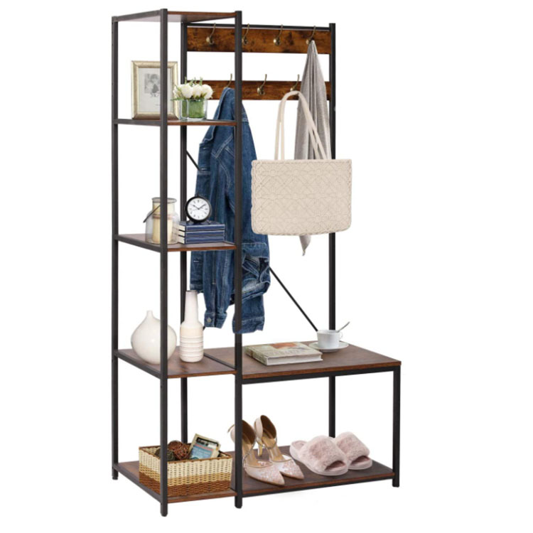 VECELO Coat Rack Bench Hall Tree with 7 Hooks Entryway Storage 4 Shelves and 1-Tier Shoe Shelf