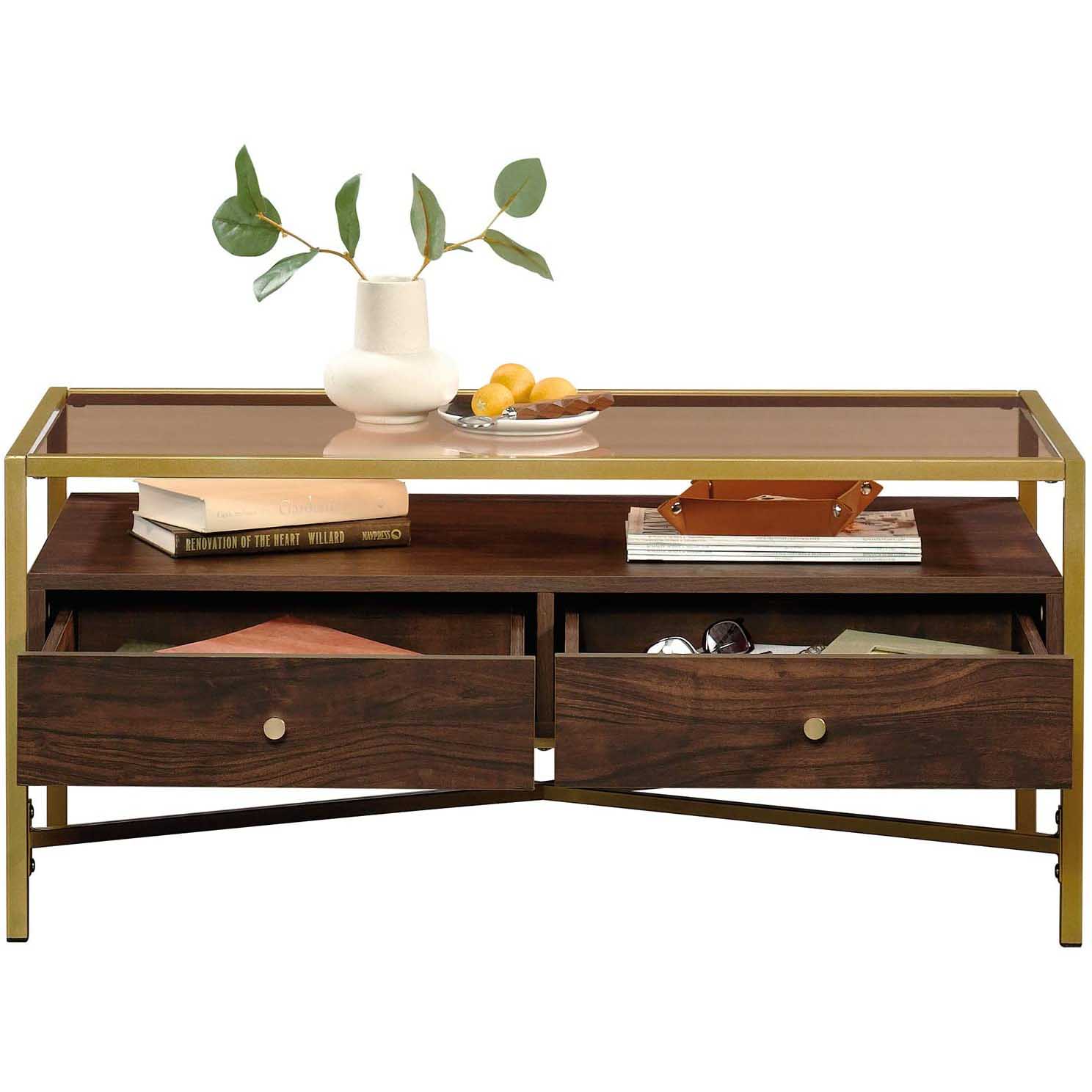 Home Decor Současný zlatý kovový rám Skleněný konferenční stolek se dvěma úložnými zásuvkami