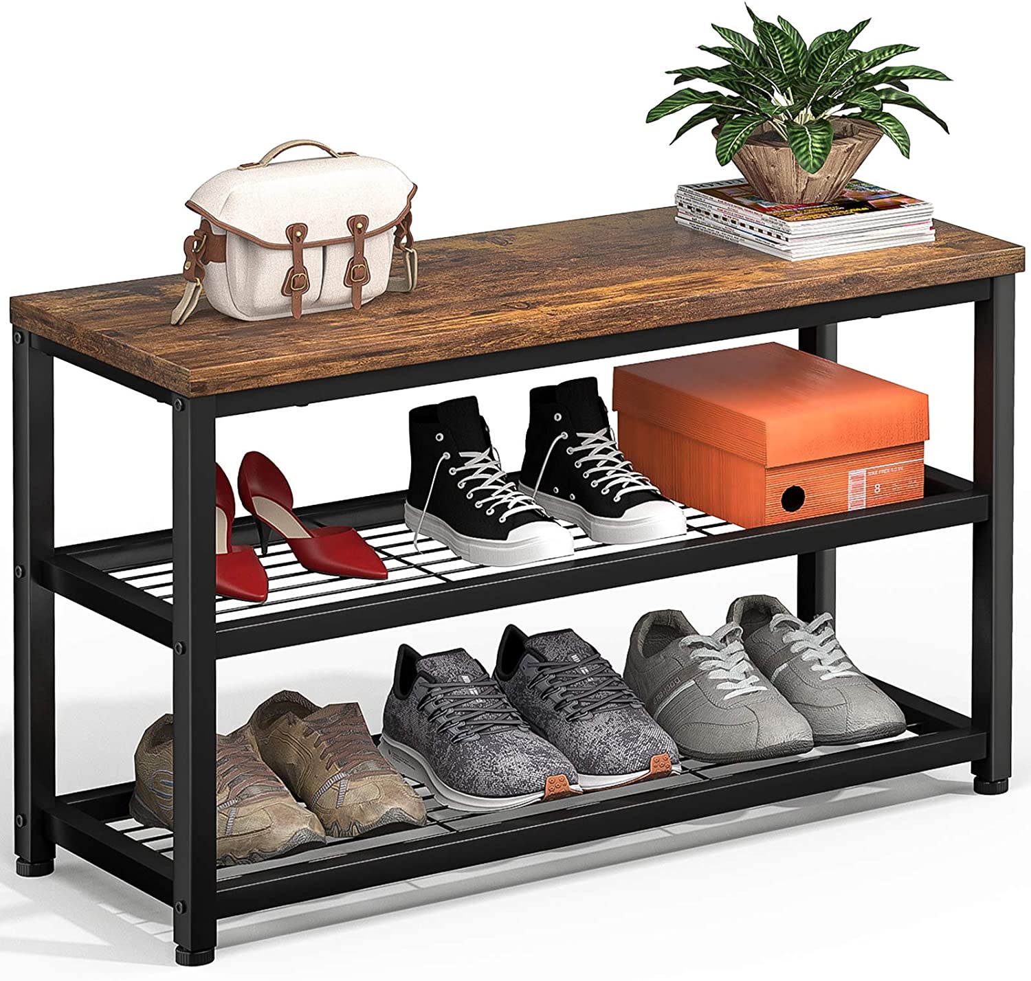 Простая металлическая деревянная скамейка для хранения обуви в прихожей с двухслойным хранилищем для легкой сборки и подходит для гостиной