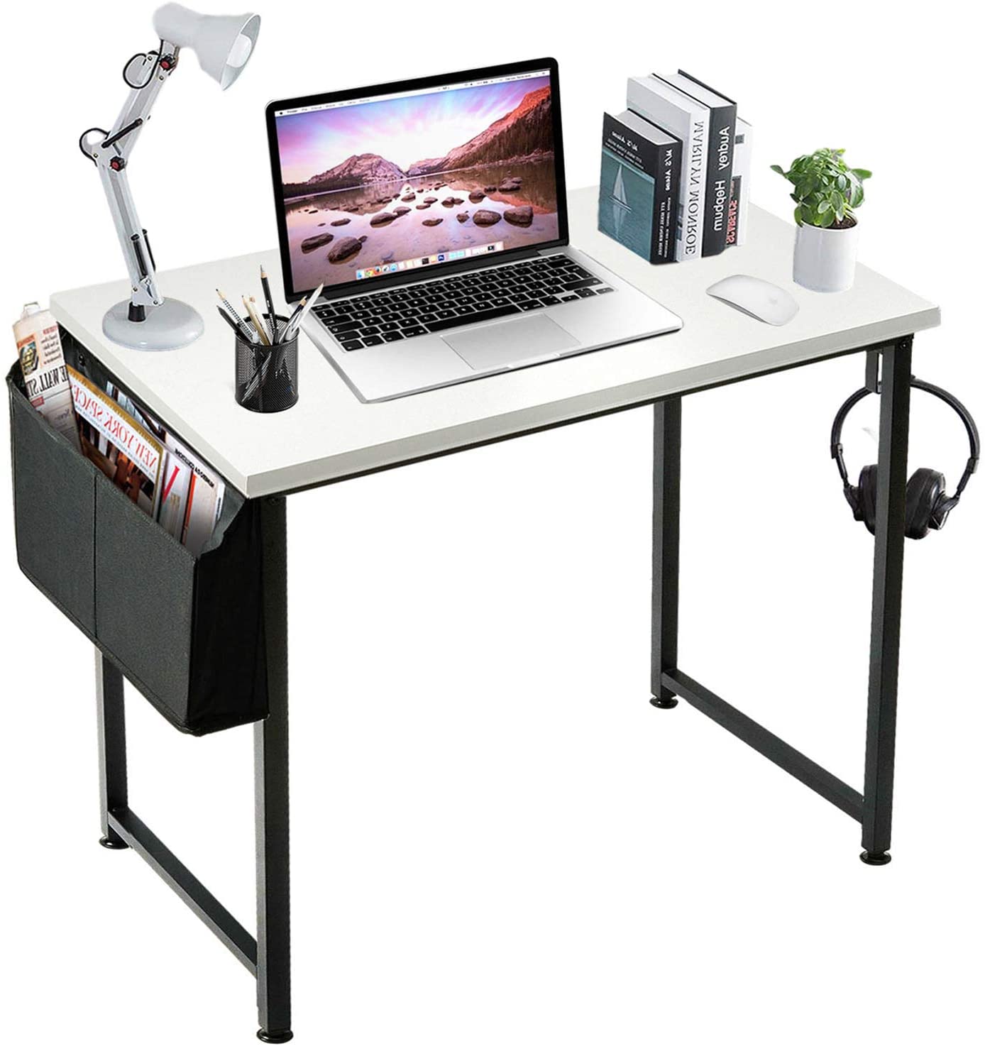 Czarno-białe, dostosowane biurka Hurtownia drewna Stabilne biurko studenckie Laptop PC Biurko komputerowe z torbą do przechowywania Haczykiem na słuchawki