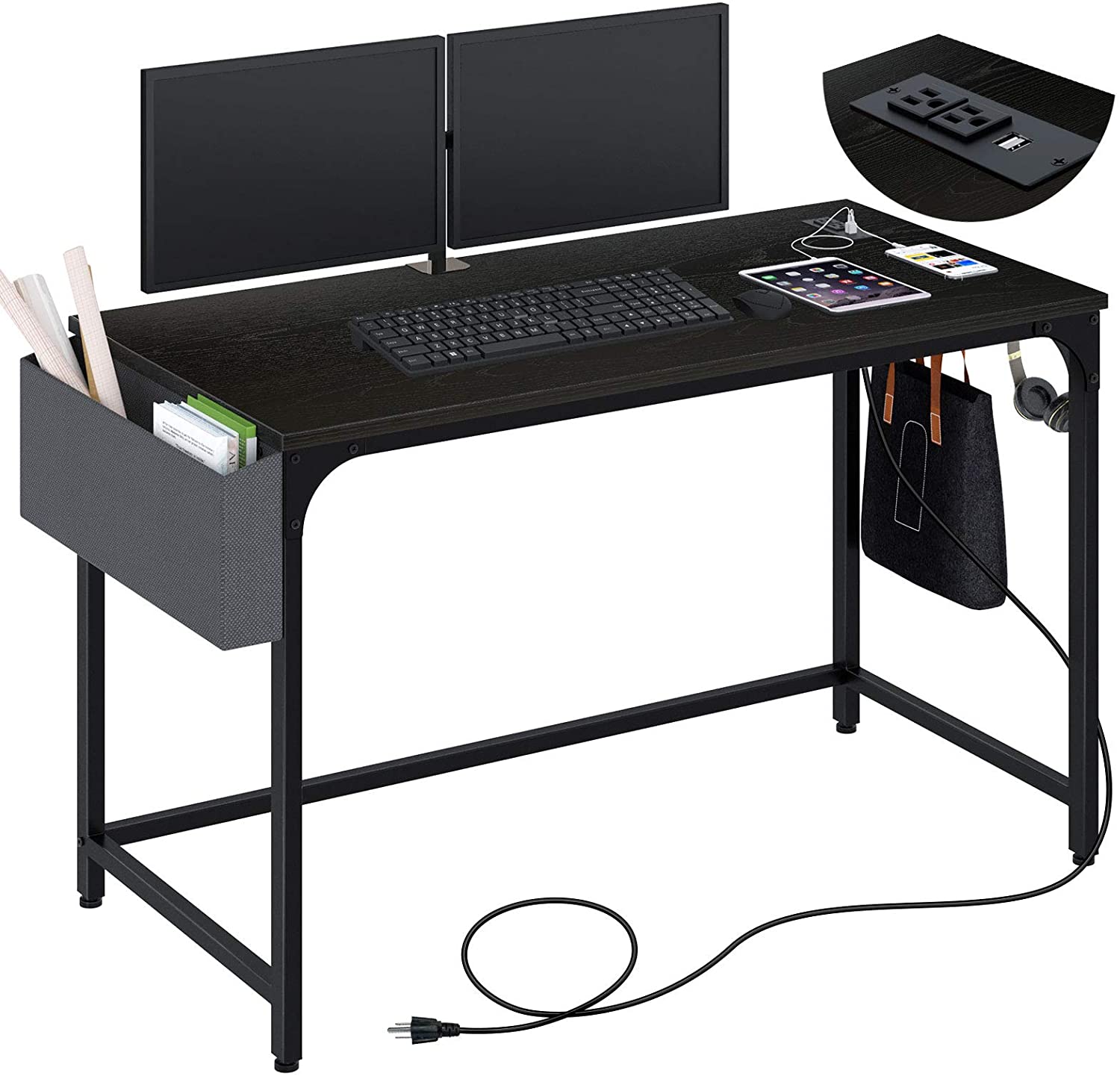Amazon-escritorio moderno personalizado para Gamer, soporte de mesa para ordenador, escritorios de oficina con bolsa de almacenamiento lateral y gancho de hierro, 2021