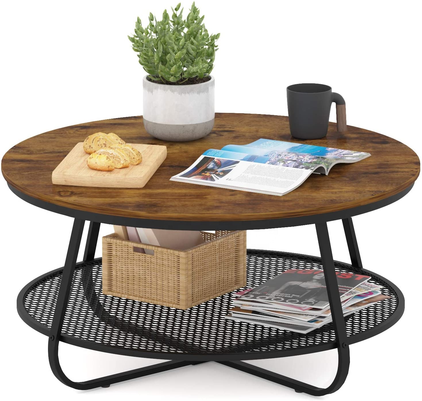 High Quanlity Luxury Style Mordern Wholesale 2 Layers Detachable Round Wooden Metal Mix Side Table Coffee Assembly Easy