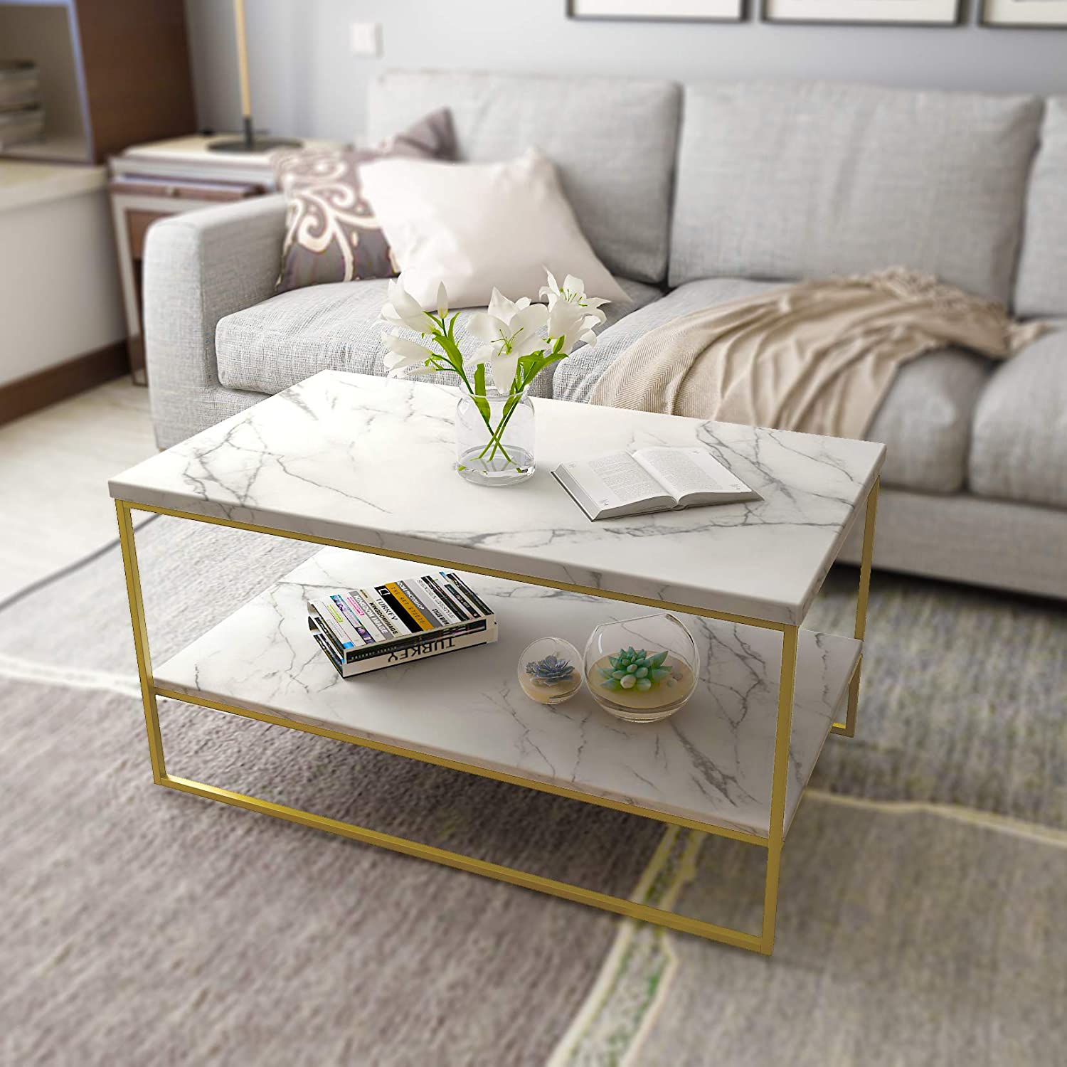 Impressão de mármore branco com pernas de metal dourado 2 camadas sala de estar quadrada mesa de centro de luxo na China preço baixo de fábrica