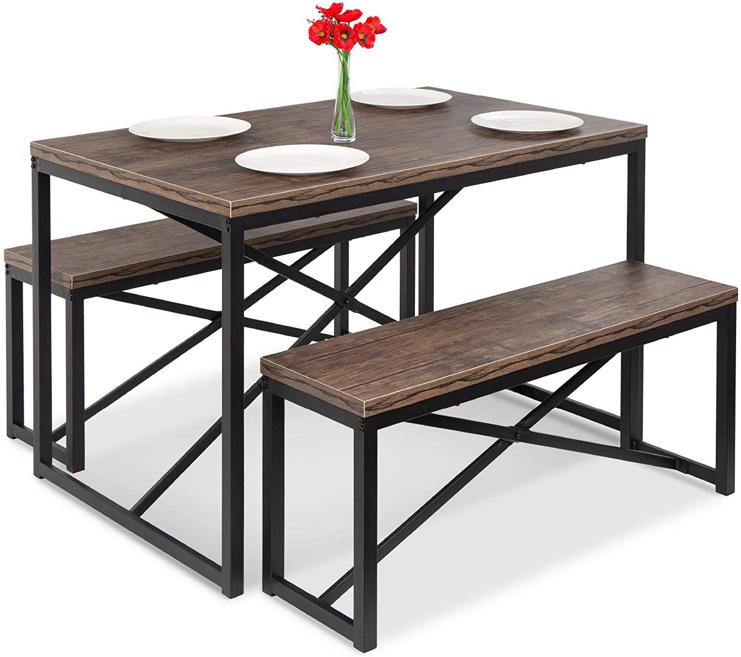 4-person Space-saving Dinette For Kitchen Dining Room W/ 2 Benches Table – Brown/black Home Furniture Wooden Modern
