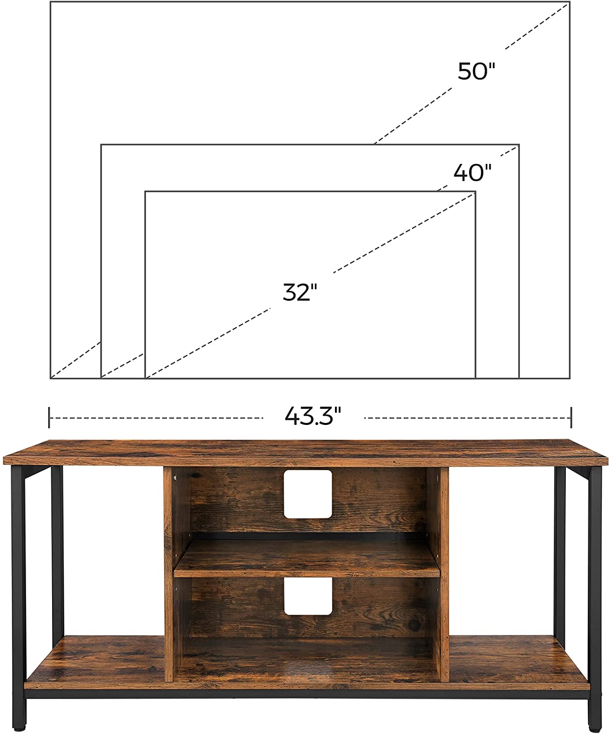 კლასიკური რუსტიკული ავეჯი ხის ლითონის ჩარჩოს სატელევიზიო მაგიდა 65 ინჩამდე ტელევიზორისთვის მისაღები ოთახისთვის სამ ფენიანი საცავებით