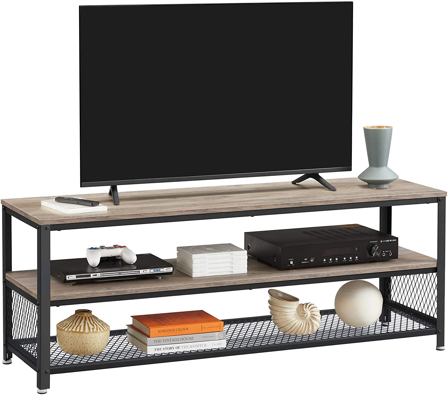 Klassische rustikale Möbel, Holz- und Metallrahmen-TV-Tisch für bis zu 65-Zoll-Fernseher mit dreischichtiger Aufbewahrung für das Wohnzimmer