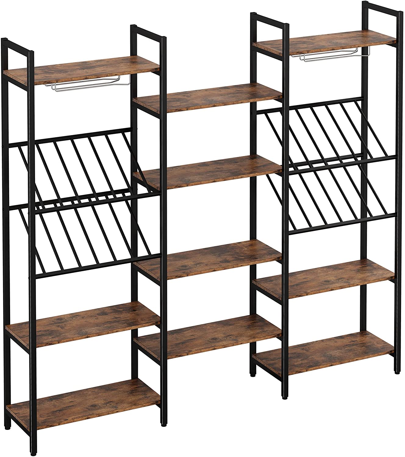 Industrial Bookshelf 5-Tiers Triple Wide Book Shelf with Wine Rack for Living Room Bedroom