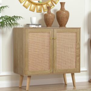Accent Buffet Cabinet with Rattan Decorated Doors for Living Room