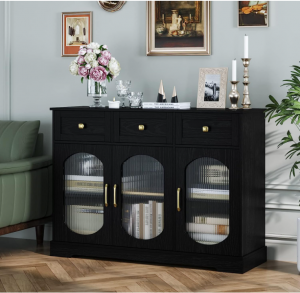 Kitchen Free-Standing Modern Sideboard Buffet Storage Cabinet with Glass Doors and Drawers