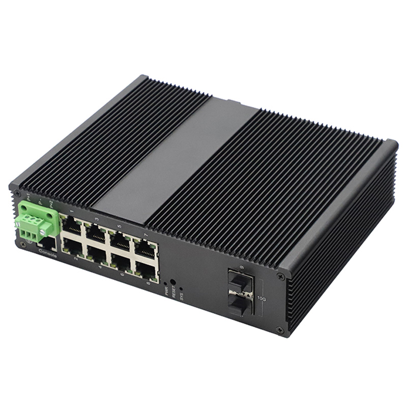 Melyek a 10G 8 portos ipari Ethernet kapcsoló főbb jellemzői 2 optikai porttal?