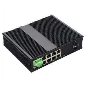 10-porttinen Managed Industrial Ethernet Switch, jossa 8 10/100/1000Base-T(X)-porttia ja 2 10G SFP Slot+1 -konsoliporttia