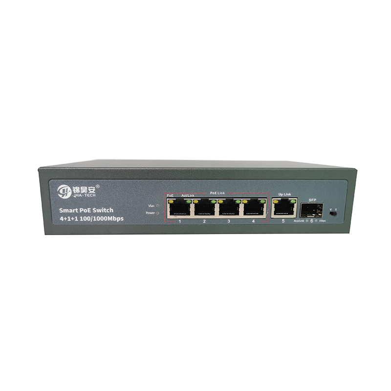 Good Quality PoE Switch – 4*100/1000mbps POE port+1*100/1000mbps UP Link port+1*100/1000mbps SFP Port,with VLAN JHA-P41114BM – JHA