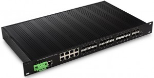 32-portno upravljano industrijsko ethernet stikalo, s 4 režami 10G SFP+ in 24 režami 1000Base-X SFP ter 8 ethernetnimi vrati 10/100/1000Base-T(X)