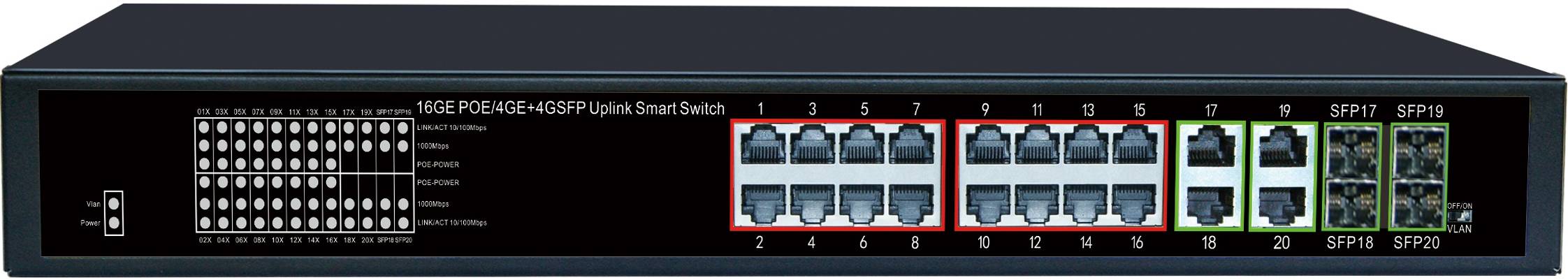 China Wholesale Poe Industrial Switch Factory Suppliers - 1U Type 16 Ports 10/100/1000M PoE Port+4 Uplink Gigabit Ethernet Port+4 Gigabit SFP Fiber Port, Smart PoE Switch JHA-P444016BH – JHA
