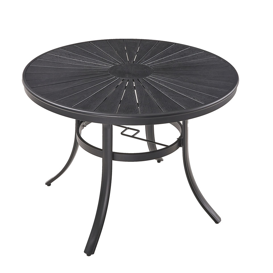 JJZF1023T Sun leisure outdoor courtyard plastic wood round table garden and cafe table aluminum with 4 seats Featured Image
