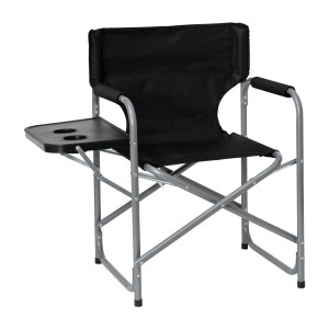 JJC305 Skladacia čierna kempingová stolička Director' S s bočným stolíkom a držiakom na pohár