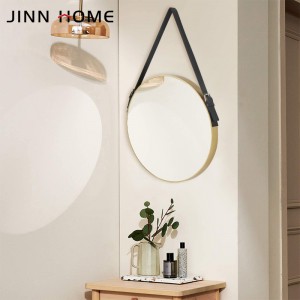 Metal Round Wrought Iron Design Decorative Wall Mirror with Leather Strap