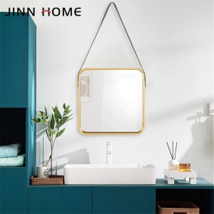 Hanging Gold Square Wall Mirror in Bathroom & Bedroom With Leather Strap