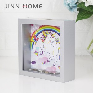 Adventure Fund Silver Shadow Box Frame Wooden Money Savings Bank with Unicorn Background