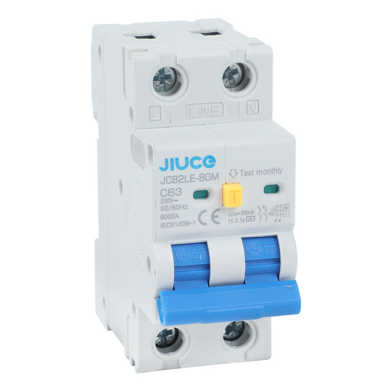 JCB2LE-80M Interruptor de circuíto de corrente residual RCBO de 2 polos con protección contra sobrecorriente e fugas, interruptor diferencial