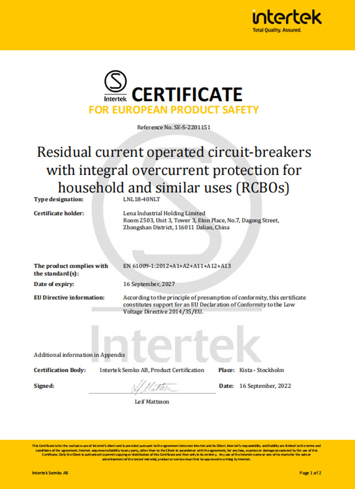 SEMKO Certification RCBO 1P+N
