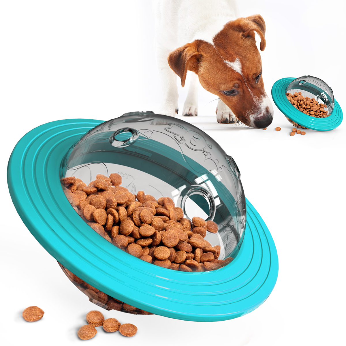 Продажба на големо за домашни миленици, интерактивна храна за истурање на топката, летечка чинија во облик на чинија, играчка што истура куче