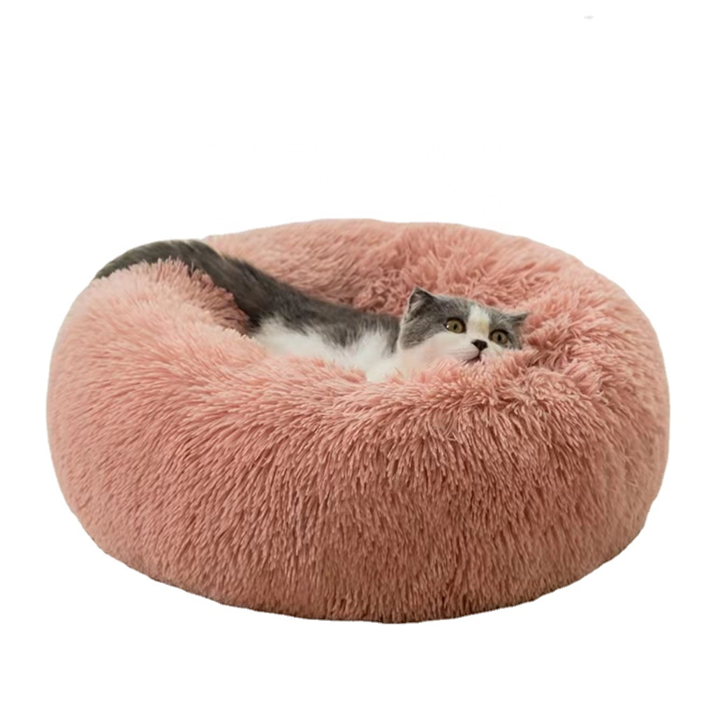 Hot sale luxury super soft doughnut artificial fur round cat bed washable cat and dog bed