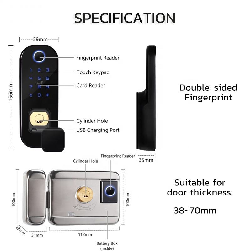 906-Smart Door Lock With Wifi Fingerprint/ Double side Fingerprint+Double side key