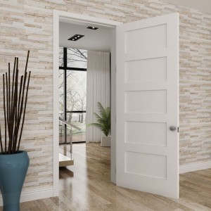Cheap price Unfinished Closet Doors - Shaker Style 5 Panel Solid Core Inetrior Wooden door with White UV Lacquer Finishing for Villa / Apartment / Hotel / School – Kangton
